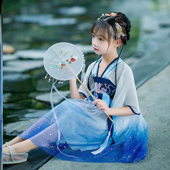 תינוק תינוק ילדים שושלת טאנג חליפות בסגנון סיני הנסיכה בתחפושת מסורתית Hanfu שרוול קצר שמלת ילדה חמודה הקיץ